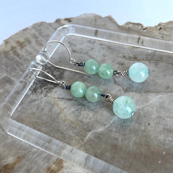 Sterling Silver 925 Round Green Aventurine Beaded Dangle Drop Earrings - Picture 13 of 16